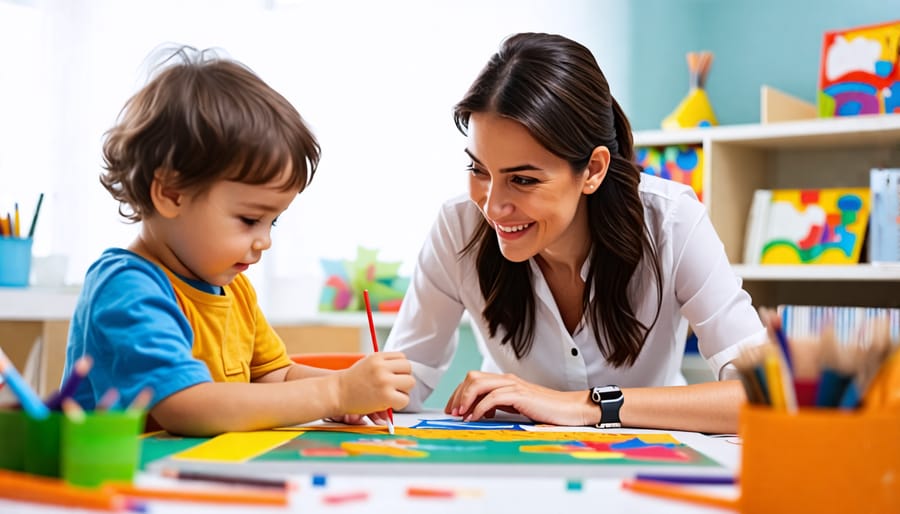 Therapist guiding a child through an emotional regulation play therapy activity using art supplies