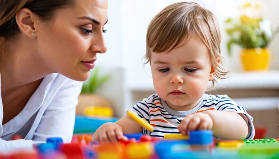 A therapist attentively observes a young child playing with sensory tools during a therapy session