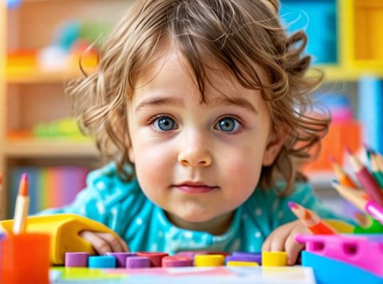 A young child engaged in play therapy surrounded by colorful toys, art supplies, and storytelling books, symbolizing emotional exploration and growth.