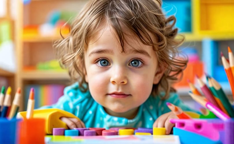 A young child engaged in play therapy surrounded by colorful toys, art supplies, and storytelling books, symbolizing emotional exploration and growth.