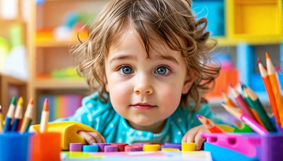 A young child engaged in play therapy surrounded by colorful toys, art supplies, and storytelling books, symbolizing emotional exploration and growth.