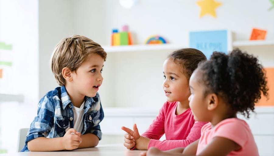 A group of children sitting in a circle, actively communicating with each other