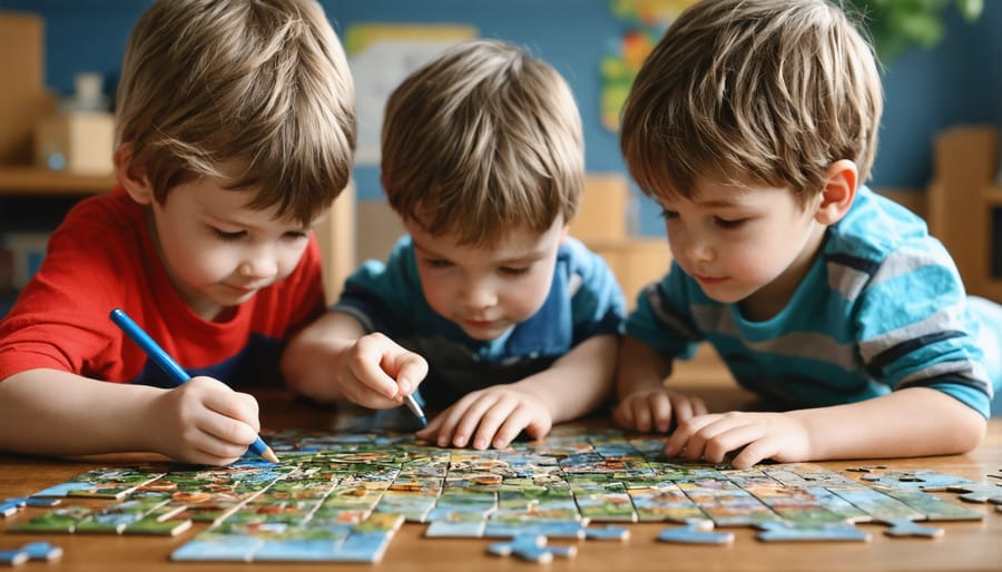 A diverse group of children collaborating on a shared task, showing teamwork and cooperation