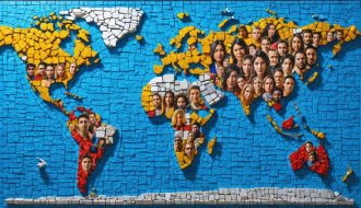 Mosaic depicting diverse cultural faces with mental health symbols in speech bubbles, forming a world map representation of global cultural diversity and mental well-being.