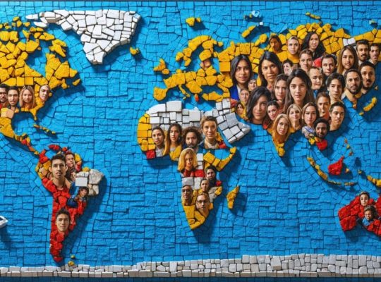 Mosaic depicting diverse cultural faces with mental health symbols in speech bubbles, forming a world map representation of global cultural diversity and mental well-being.