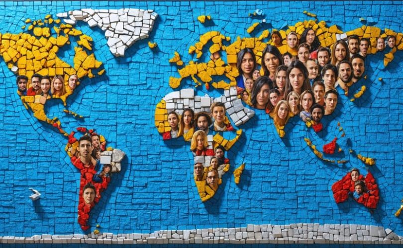 Mosaic depicting diverse cultural faces with mental health symbols in speech bubbles, forming a world map representation of global cultural diversity and mental well-being.