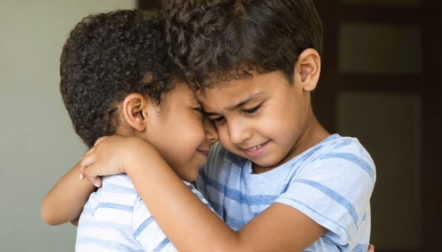 Two children sitting together, one child has their arm around the other in a comforting gesture