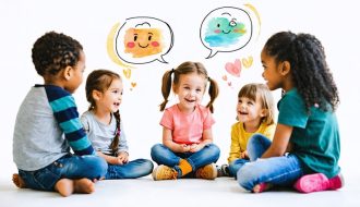 An illustration of diverse 7-year-old children sitting in a circle, engaging in a friendly conversation with expressive body language and positive emotions, demonstrating active listening and empathy.