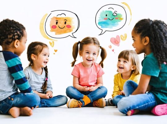 An illustration of diverse 7-year-old children sitting in a circle, engaging in a friendly conversation with expressive body language and positive emotions, demonstrating active listening and empathy.