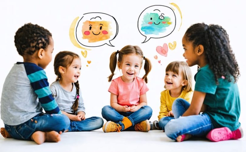 An illustration of diverse 7-year-old children sitting in a circle, engaging in a friendly conversation with expressive body language and positive emotions, demonstrating active listening and empathy.