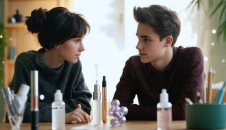 A conceptual illustration of a parent and teenager having an open conversation about vaping and mental health, with vape pens and THCA molecules subtly incorporated into the background.