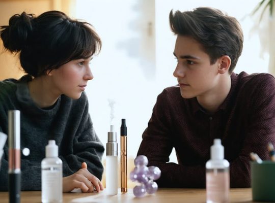 A conceptual illustration of a parent and teenager having an open conversation about vaping and mental health, with vape pens and THCA molecules subtly incorporated into the background.