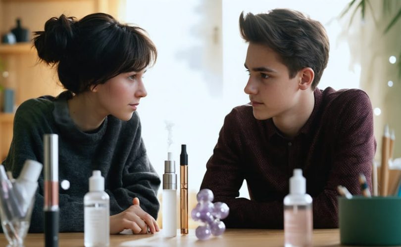 A conceptual illustration of a parent and teenager having an open conversation about vaping and mental health, with vape pens and THCA molecules subtly incorporated into the background.