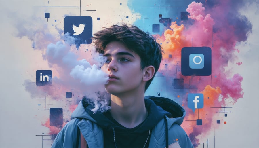 Teen surrounded by peer and social media influences encouraging vaping