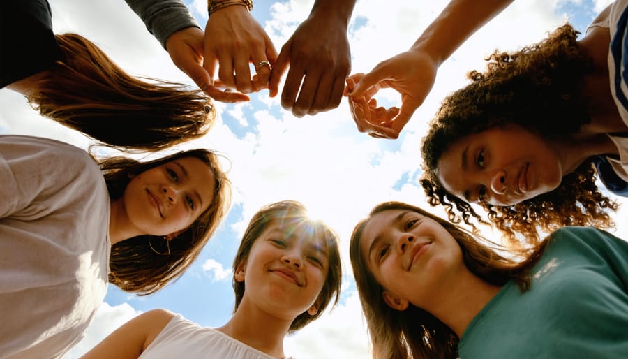 A diverse group of young people forming a supportive circle, symbolizing unity, empathy, and hope in transforming youth mental health through peer support.