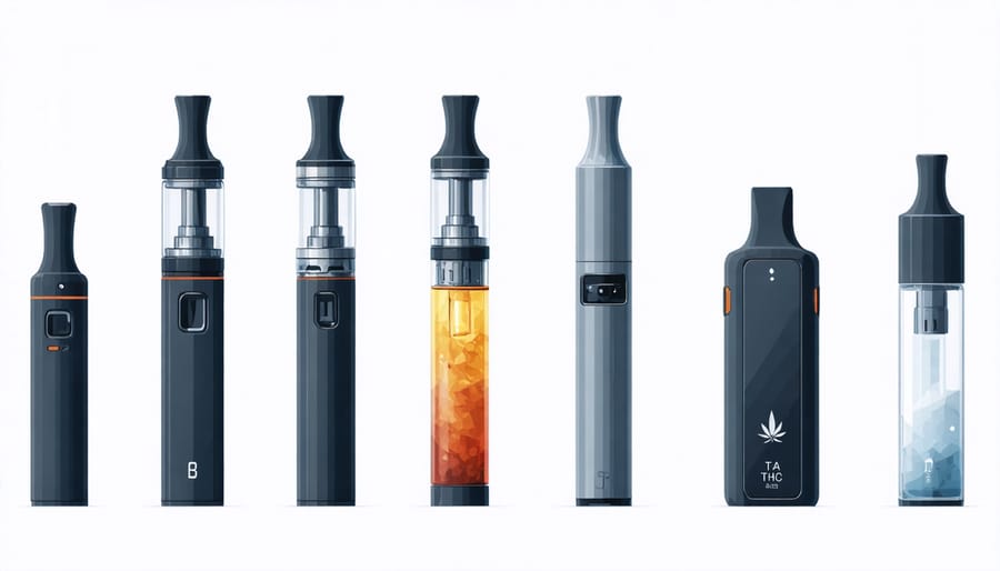 Different types of vaping devices labeled with THCA