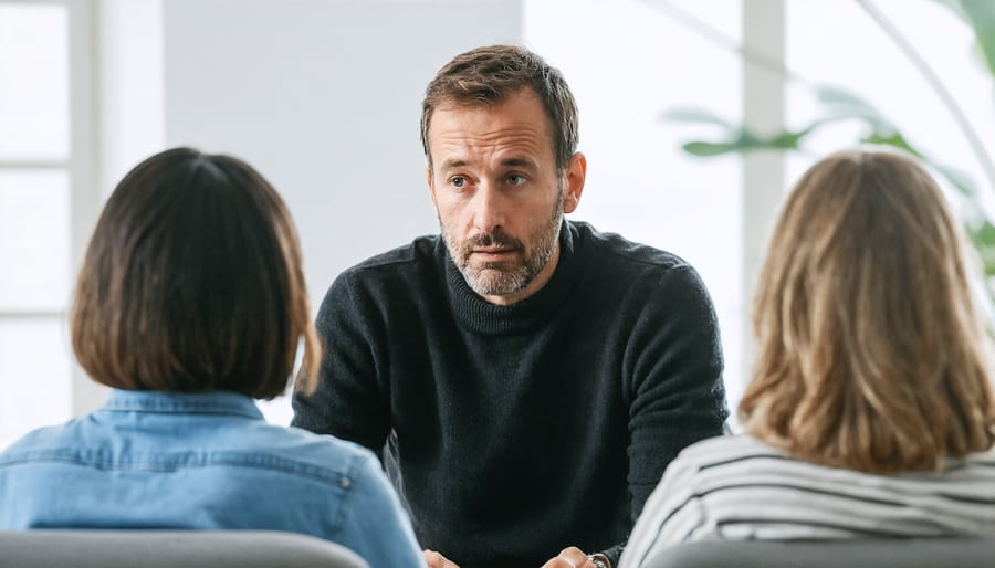 An adult in a therapy session working through traumatic experiences