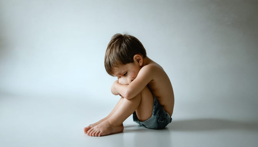 Anxious child sitting alone in a dark room, looking worried