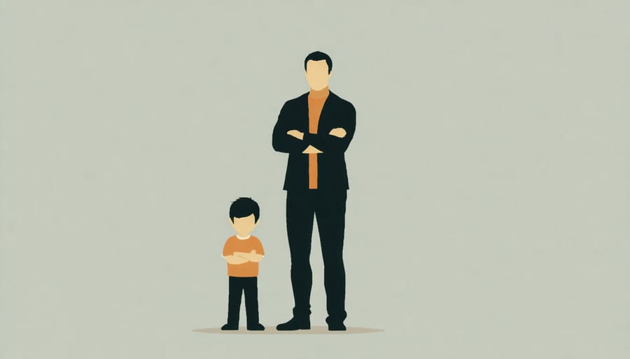 Authoritarian parenting style depicted by a strict parent and submissive child