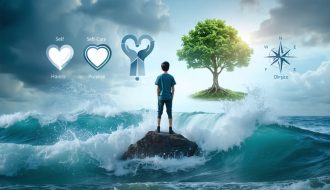 Illustration of a young adult confidently standing on a rock amidst turbulent waters, surrounded by icons representing self-awareness, self-care, positive relationships, purpose, and adaptability, symbolizing resilience.