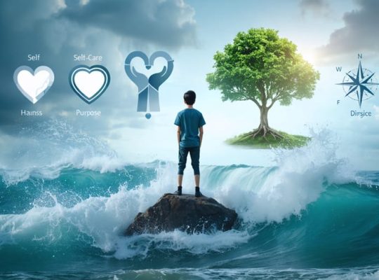 Illustration of a young adult confidently standing on a rock amidst turbulent waters, surrounded by icons representing self-awareness, self-care, positive relationships, purpose, and adaptability, symbolizing resilience.