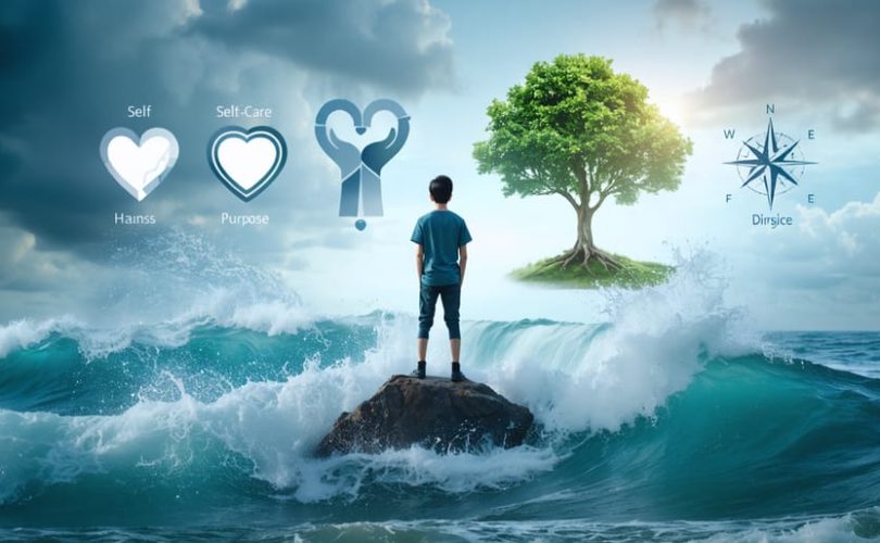 Illustration of a young adult confidently standing on a rock amidst turbulent waters, surrounded by icons representing self-awareness, self-care, positive relationships, purpose, and adaptability, symbolizing resilience.