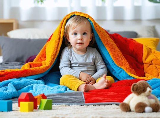 A young child sitting calmly under a colorful, textured weighted blanket in a peaceful room, highlighting the soothing effects of the blanket for children with autism.