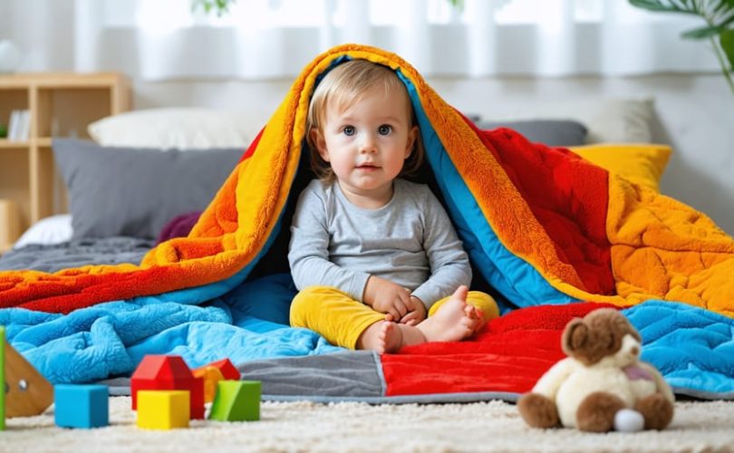 A young child sitting calmly under a colorful, textured weighted blanket in a peaceful room, highlighting the soothing effects of the blanket for children with autism.