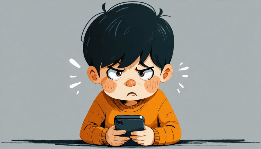 Conceptual illustration depicting a child experiencing anxiety while using a smartphone