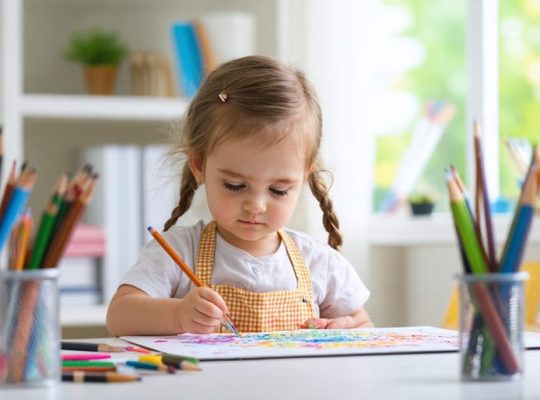 A child attentively painting with a variety of colorful arts and crafts materials around them, illustrating the calming and expressive benefits of creative activities.