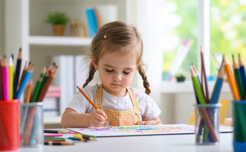 A child attentively painting with a variety of colorful arts and crafts materials around them, illustrating the calming and expressive benefits of creative activities.