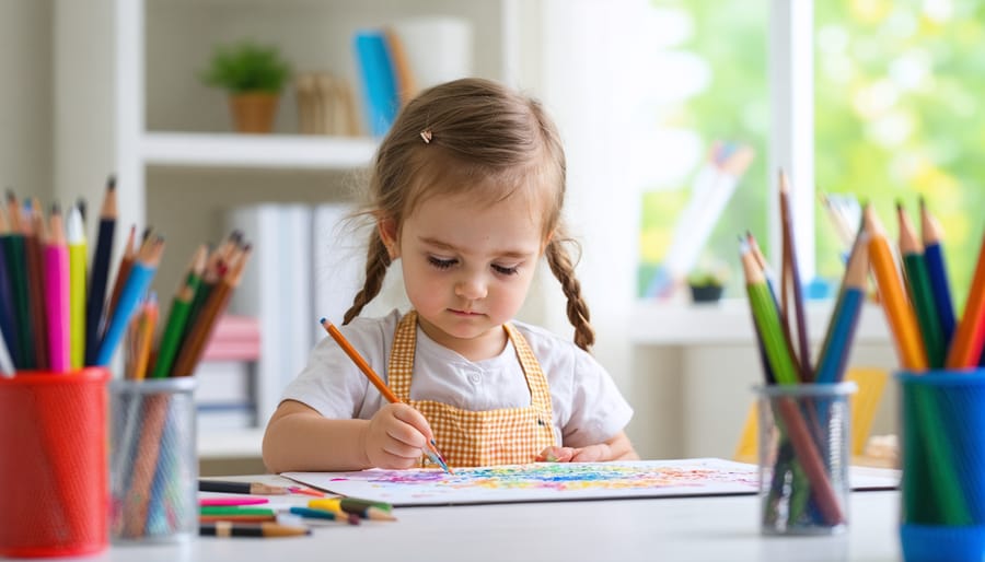 A child attentively painting with a variety of colorful arts and crafts materials around them, illustrating the calming and expressive benefits of creative activities.