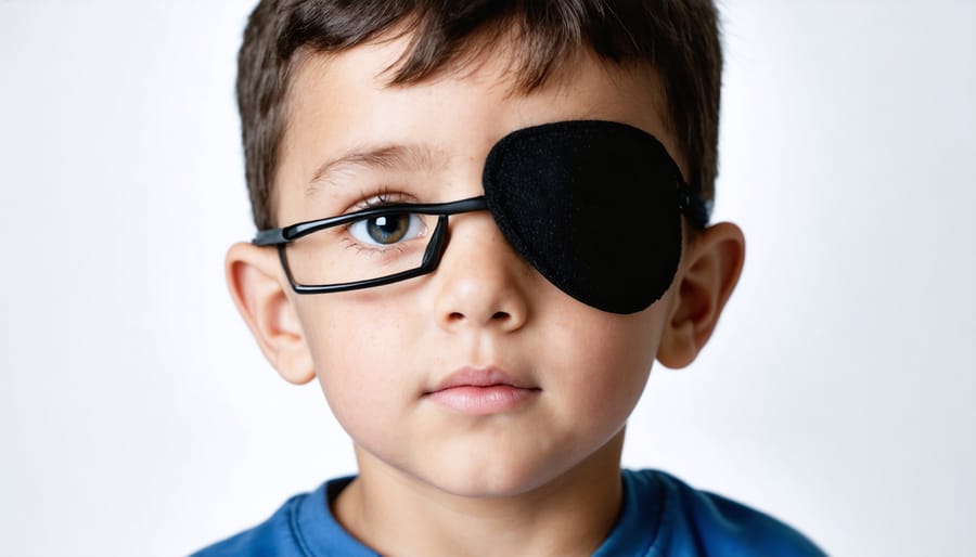 Young child wearing an adhesive eye patch as part of amblyopia therapy