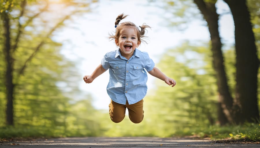 Happy child jumping and smiling, demonstrating a joyful mood