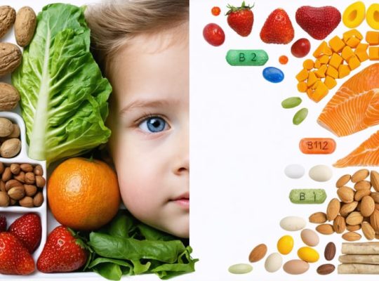 Concerned child with nutritious foods and symbols representing key vitamins and minerals affecting anxiety.