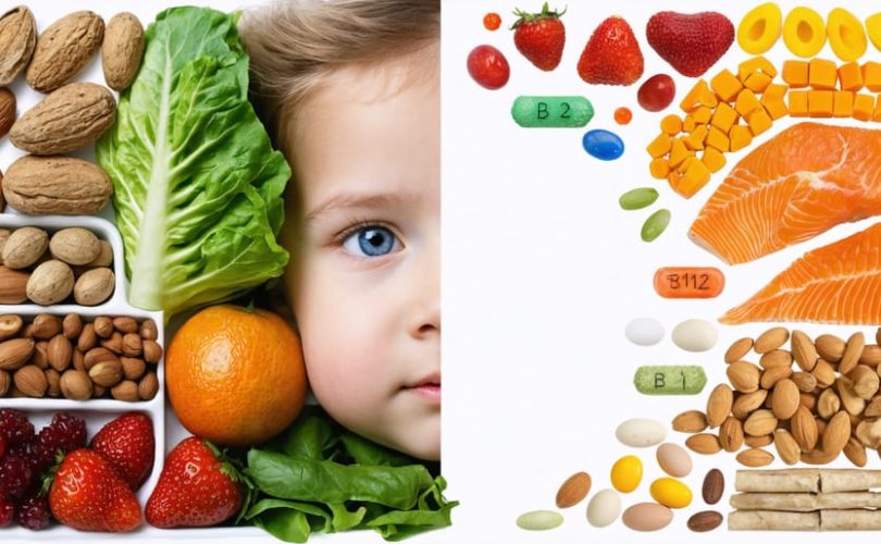 Concerned child with nutritious foods and symbols representing key vitamins and minerals affecting anxiety.