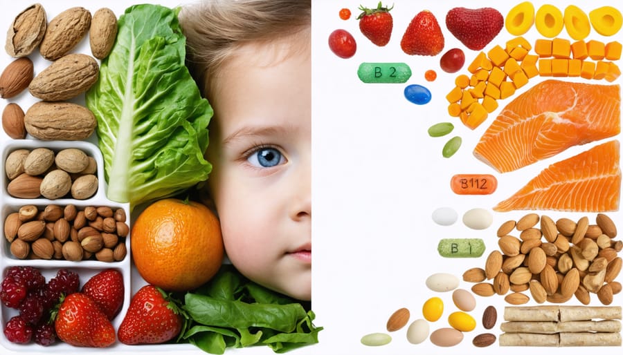 Concerned child with nutritious foods and symbols representing key vitamins and minerals affecting anxiety.