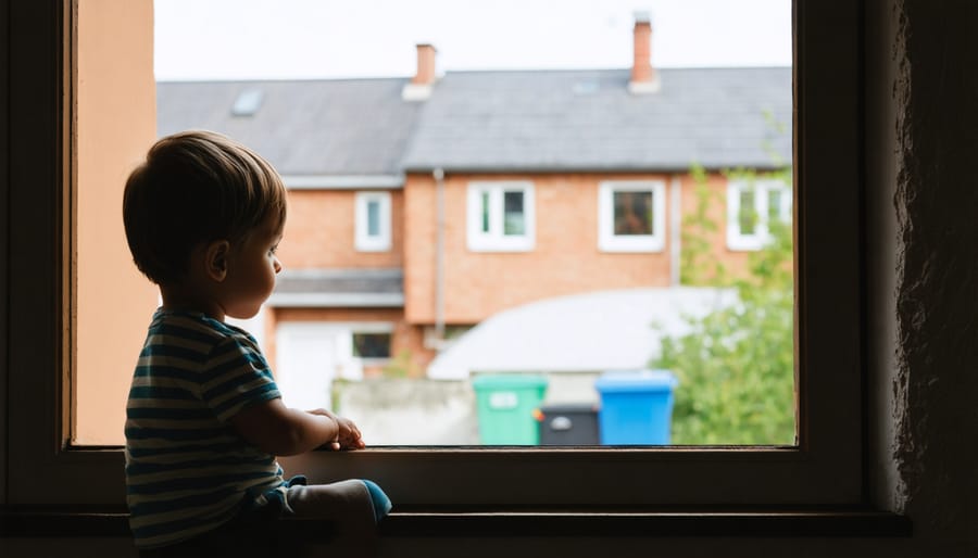 Young child gazing out the window of a run-down home in a low-income area