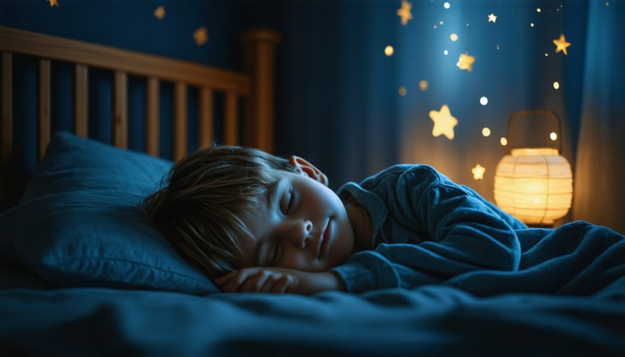 Peaceful child sleeping in a dark, comfortable bedroom at night