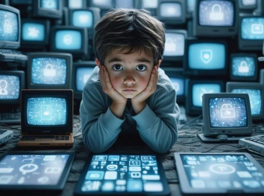 Conceptual illustration showing a child surrounded by multiple screens, looking anxious, illustrating the overwhelming impact of excessive screen time on mental health.