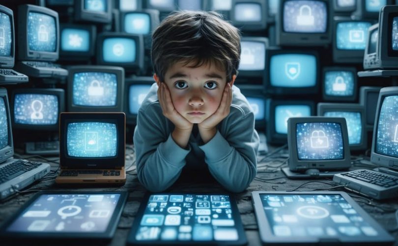 Conceptual illustration showing a child surrounded by multiple screens, looking anxious, illustrating the overwhelming impact of excessive screen time on mental health.