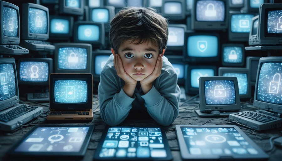 Conceptual illustration showing a child surrounded by multiple screens, looking anxious, illustrating the overwhelming impact of excessive screen time on mental health.