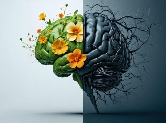 Conceptual depiction of a child's brain showing one side vibrant and flourishing with flowers, and the other side entangled with dark wires representing the effects of childhood trauma.