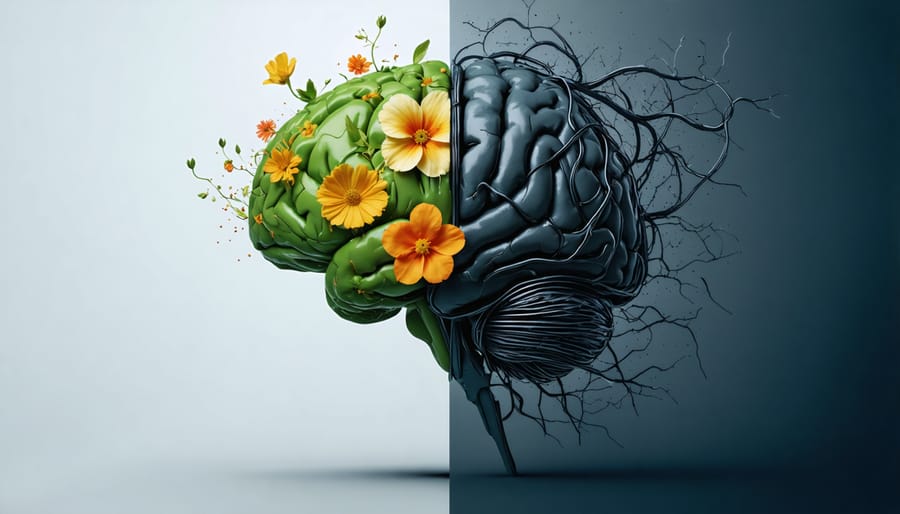 Conceptual depiction of a child's brain showing one side vibrant and flourishing with flowers, and the other side entangled with dark wires representing the effects of childhood trauma.