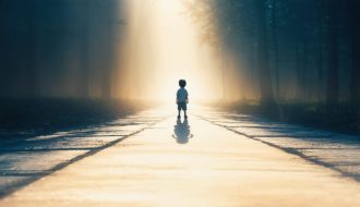 A conceptual illustration of a child at crossroads with shadowy figures behind them and a glowing path ahead, representing the journey from trauma to healing.