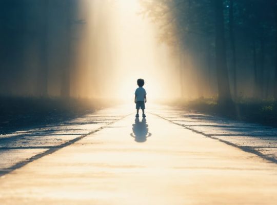 A conceptual illustration of a child at crossroads with shadowy figures behind them and a glowing path ahead, representing the journey from trauma to healing.