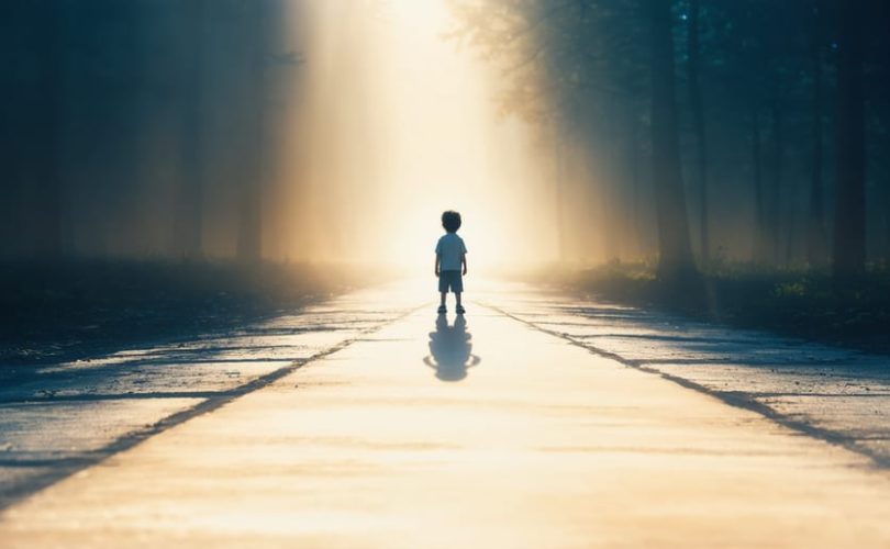 A conceptual illustration of a child at crossroads with shadowy figures behind them and a glowing path ahead, representing the journey from trauma to healing.