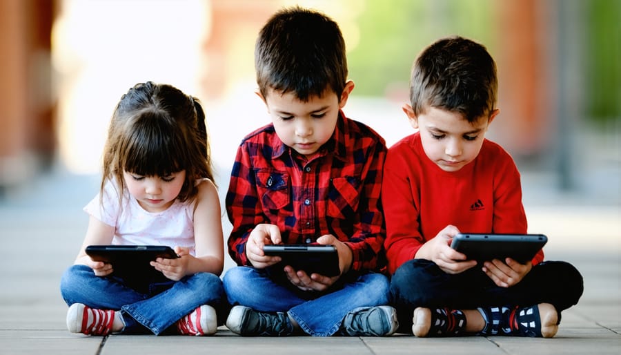 Children using devices individually, appearing socially isolated from each other