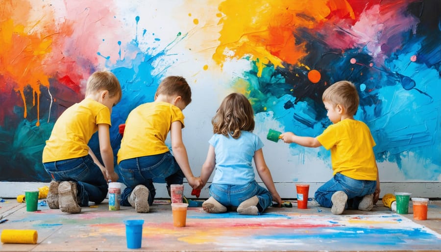 Children collaborating on a vibrant mural art project