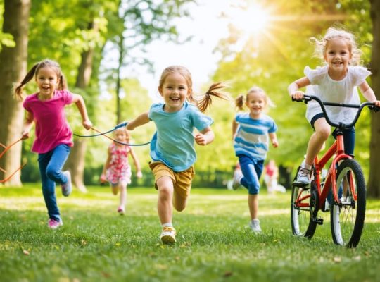 A lively group of children playing and participating in different outdoor activities in a park, symbolizing the benefits of physical activity for mental health.